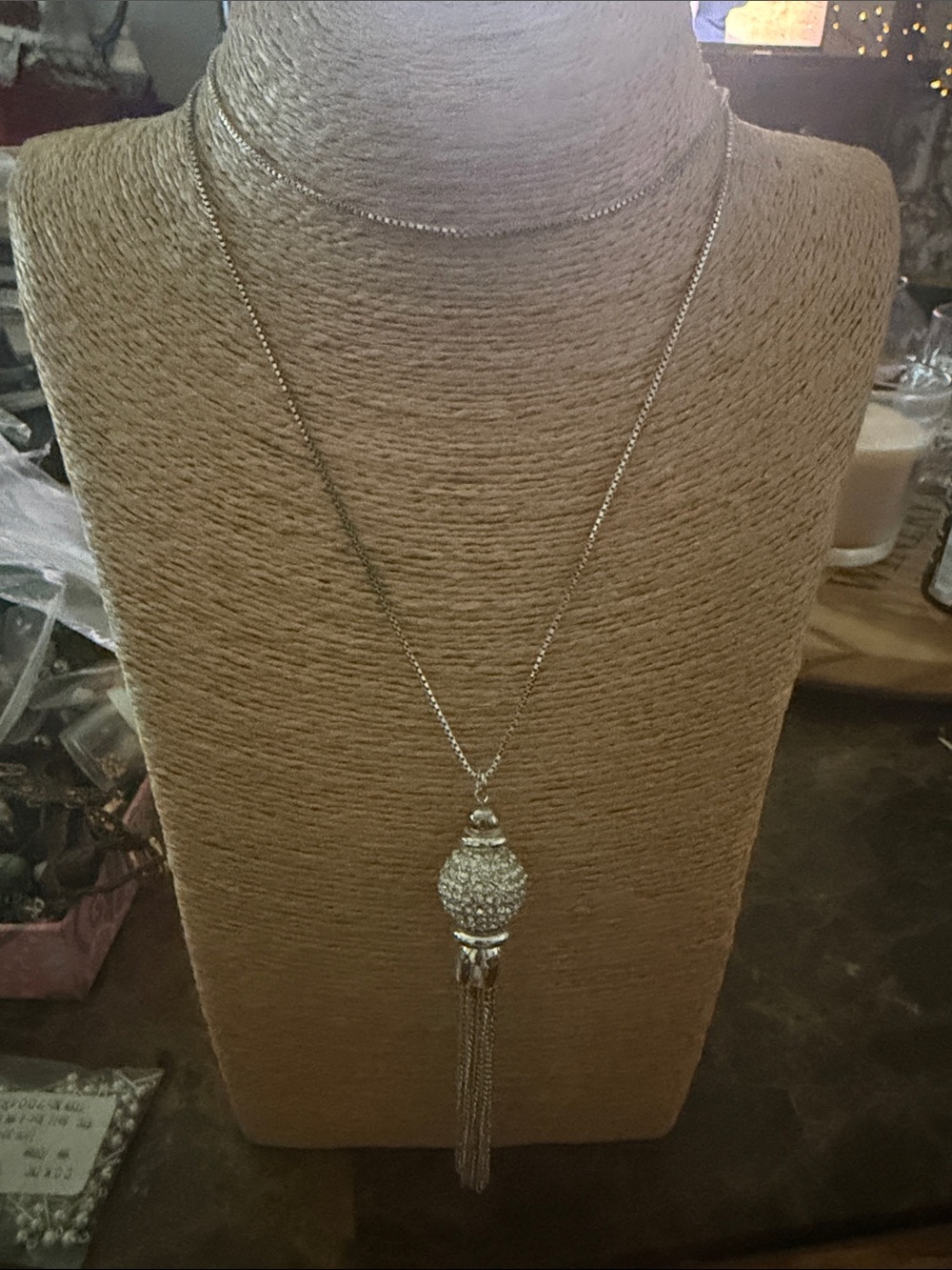 Silver Crystal Tassel Pendant Necklace and Earrings can wear it very long  too